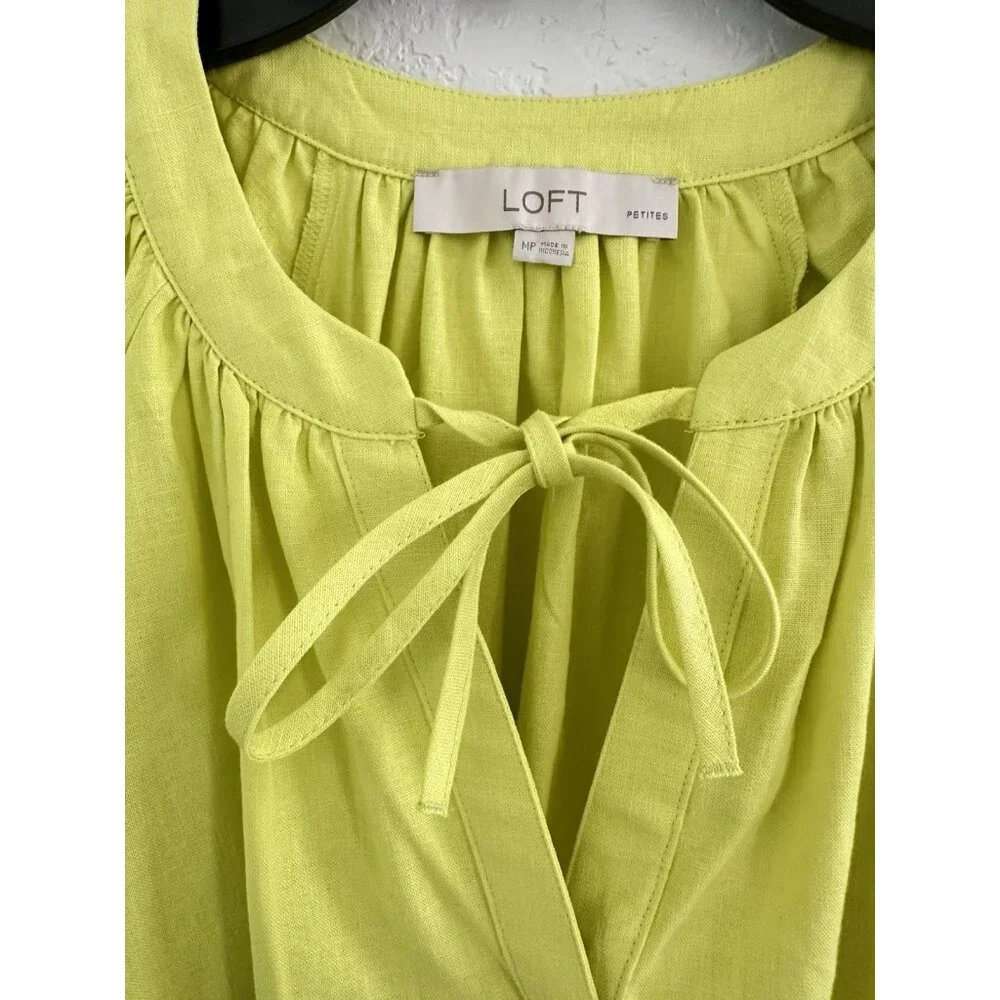 LOFT Womens Top Petite MP Neon Grn Linen Blend Tie Neck Puff Sleeve Peasant Boho